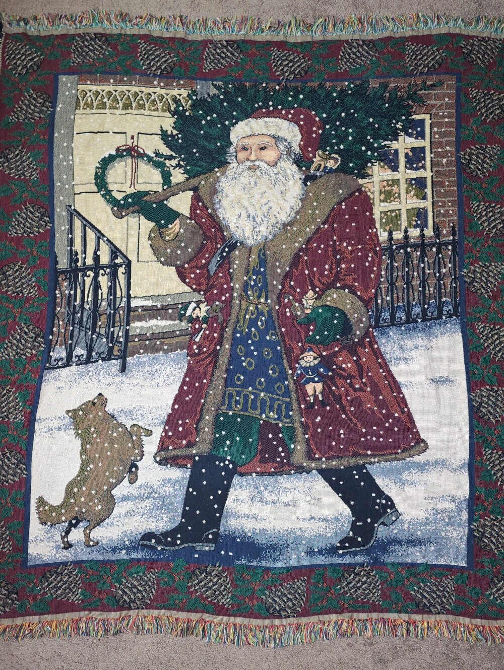 Vtg Chatham Santa With Dog Tapestry Throw Blanket 58×54